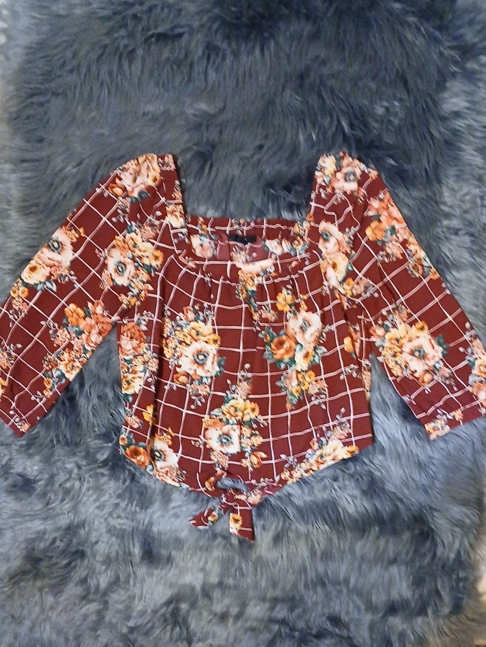 Square Neck Floral Grid Tie-Front Blouse - Rust/Maroon